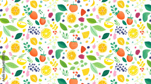 A seamless pattern of hand-drawn fruits and leaves.