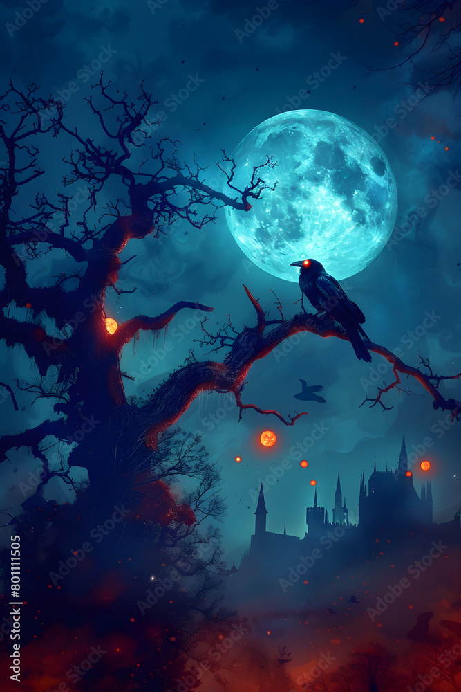 Supernatural Night: A Full Moon Mystery with Radiating Crow and Mysterious Glowing Orbs