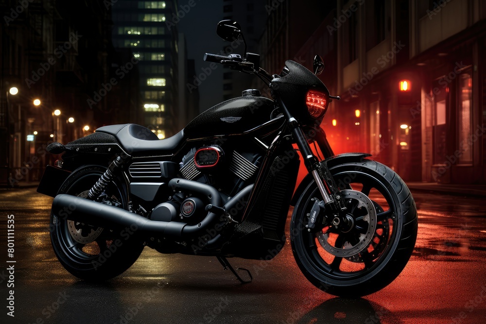 A black Harley Davidson motorcycle is parked on a city street at night, under the glow of streetlights. Generative AI