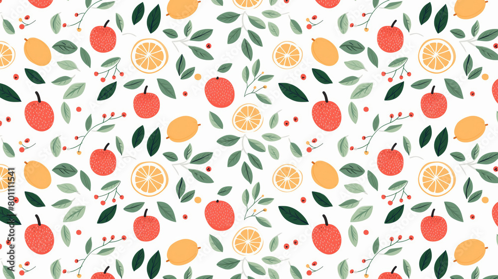 A seamless pattern of hand-drawn lemons, apples, and leaves. A seamless pattern of hand-drawn lemons, apples, and leaves.
