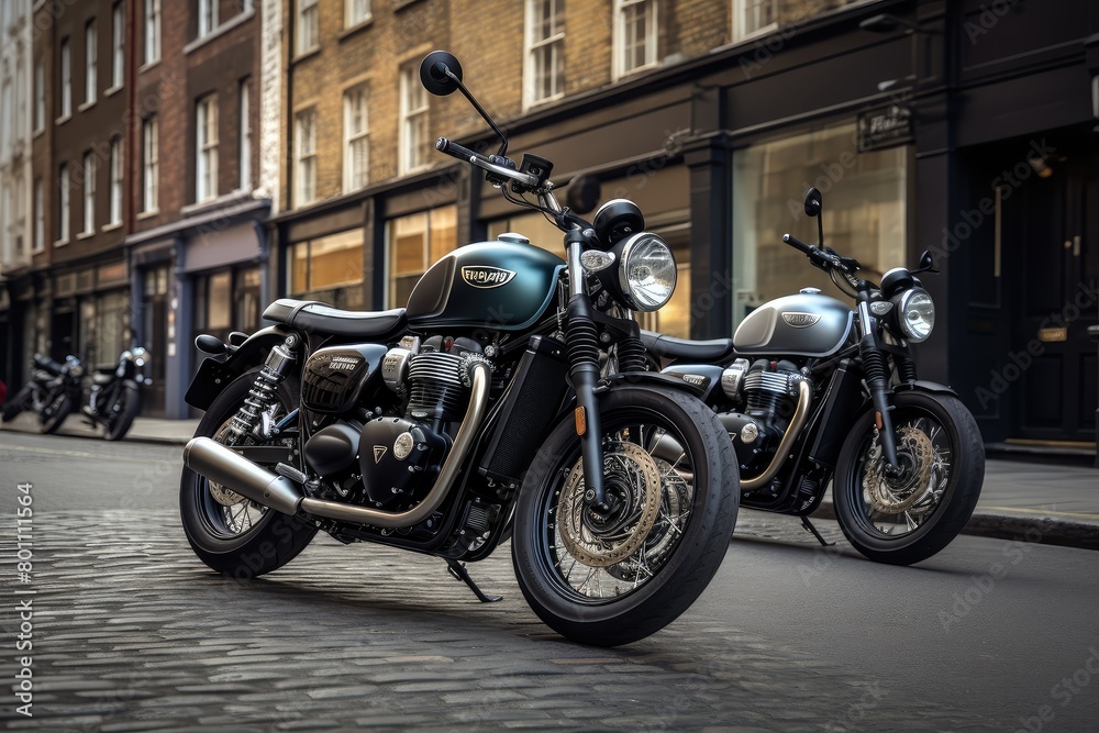 Two iconic Triumph Bonneville motorcycles are parked neatly on the side of the road, with helmets placed on the handlebars. Generative AI