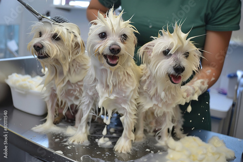 Pet grooming: Clippers buzzing, bathing, brushes stroking, pampered pets, epitomizing pet care and luxury.