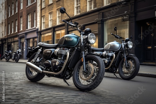 Two iconic Triumph Bonneville motorcycles are parked neatly on the side of the road, with helmets placed on the handlebars. Generative AI photo