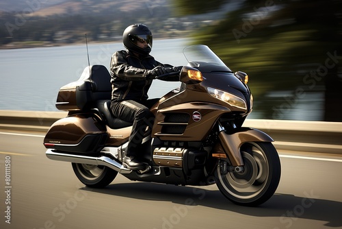 A man in motion, riding a brown Triumph Bonneville motorcycle down a city street. Generative AI photo