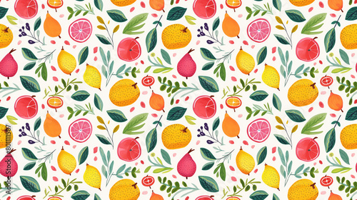 A seamless pattern of hand-painted citrus fruits and leaves.
