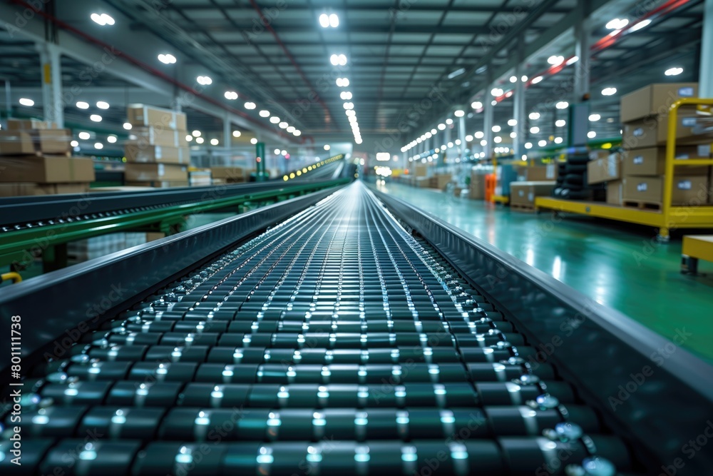 conveyor belt in a distribution warehouse with row of cardboard box packages for e-commerce