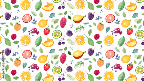 A seamless pattern of hand-painted watercolor fruits and leaves.