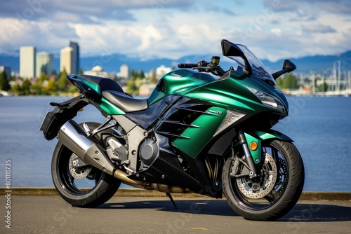 A green sports motorcycle is parked next to a body of water, showcasing its versatility and power. Generative AI