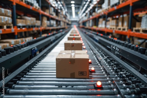 conveyor belt in a distribution warehouse with row of cardboard box packages for e-commerce