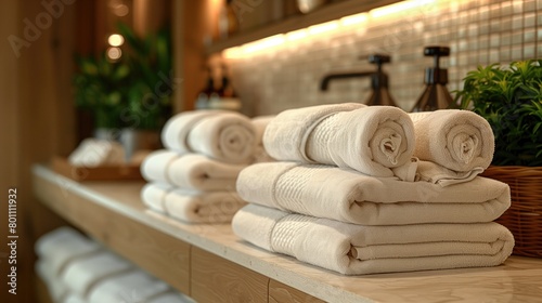 Elegant spa robes and towels neatly arranged in a spa locker room  enhancing the guest experience