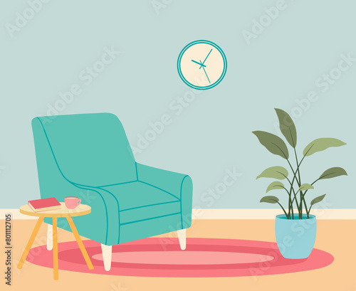 Cozy interior of living room with armchair, houseplant growing in pot, wall watch, coffee table, home decorations. Vector flat illustration © OWLISKO DESIGN