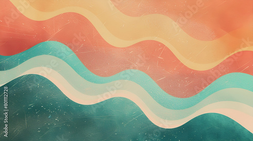 Summer poster design with a retro grainy gradient background noise texture effect. Abstract wave pattern in orange, teal, green, and pink.