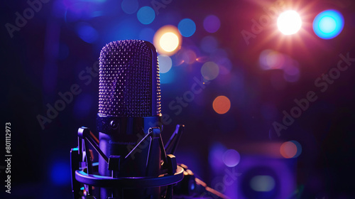 Stand with professional microphone in studio at night