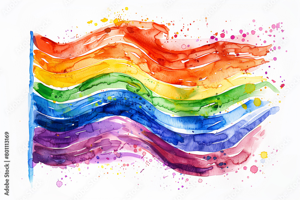 A watercolor painting of a rainbow flag with a splash of color