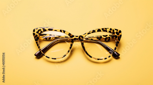 Stand with stylish leopard printed eyeglasses on pale © Anaya