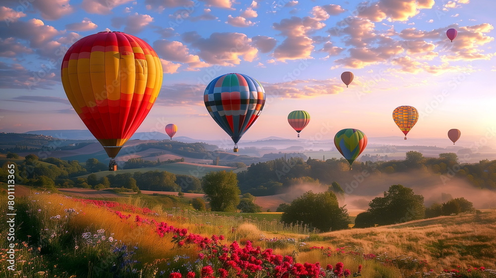 Obraz premium Whimsical hot air balloons: Colorful balloons floating above patchwork fields.