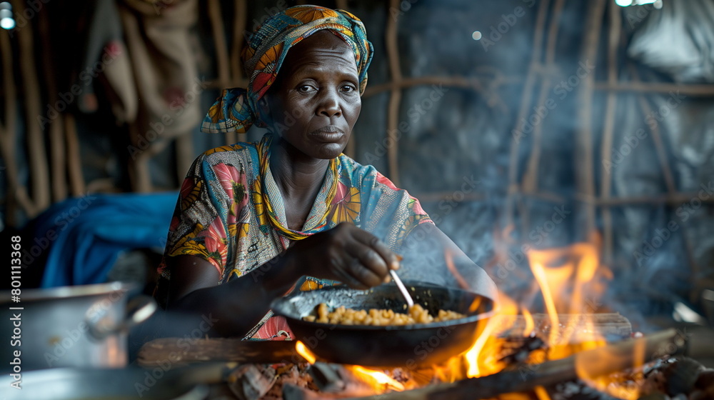 Fototapeta premium A refugee woman cooking a traditional meal over an open fire, preserving her cultural heritage even in displacement. World Refugee Day