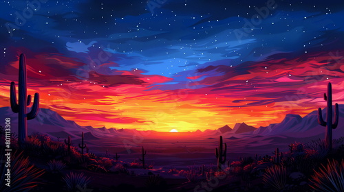 A breathtaking sunset over a Mexican landscape, with cacti silhouetted against the colorful sky. Cinco de Mayo