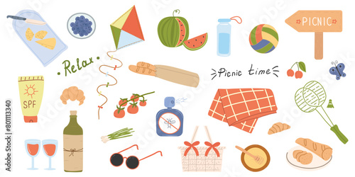 Summer picnic set: blanket, basket, bread, wine, cheese, blueberries, badminton, ball. Icons, signs, banners. Elements of the collection for summer holidays, for stickers.