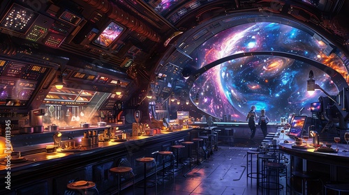 Illustrate a cosmic kitchen spaceship bustling with alien chefs in intergalactic culinary creations © Dadee