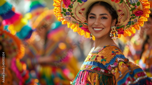 A festive parade with floats adorned in bright flowers and papel picado, accompanied by dancers and musicians. Cinco de Mayo © Julia