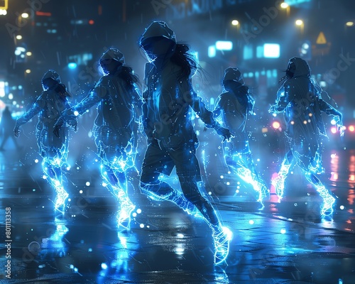 Transport beholders to a cyberpunk cityscape where holographic dancers blend intricate street dance styles, creating a fusion of urban grit and virtual wonder photo