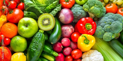 Assortment of fresh and colorful fruits and vegetables  ripe for a healthy  organic meal bursting with nutrition
