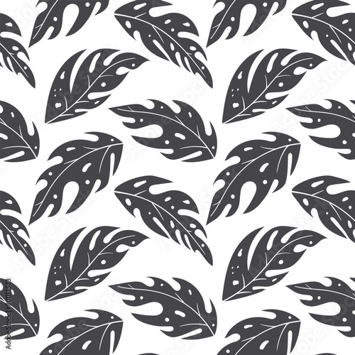 Black and white seamless repeat pattern with scandinavian leaves in doodle style. Vector flat background of hand drawn floral elements © OWLISKO DESIGN