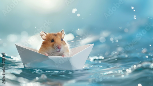 A cute hamster floats on the sea waves on a paper boat, a humorous background image of the captain's mouse photo