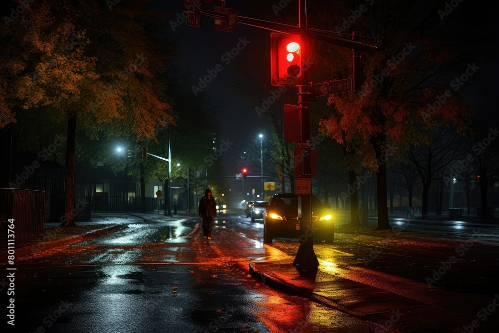 Fototapeta premium A red traffic light suspended above a wet street, signaling vehicles to stop as rain creates a reflective sheen on the asphalt. Generative AI