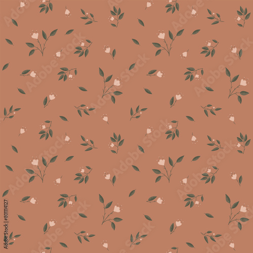 Seamless pattern with scandinavian flowers and leaves in doodle style isolated on white background. Hand drawn vintage floral elements. Vector flat illustration © OWLISKO DESIGN