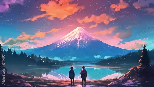 夕暮れの富士山を見る人々,Generative AI  photo