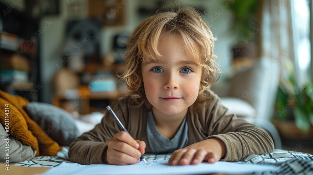 kid lying on his bed writing a letter in paper