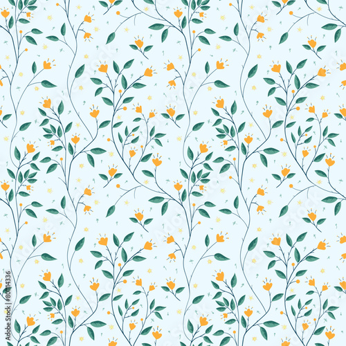 Seamless pattern with scandinavian flowers and leaves in doodle style isolated on white background. Hand drawn vintage floral elements. Vector flat illustration © OWLISKO DESIGN