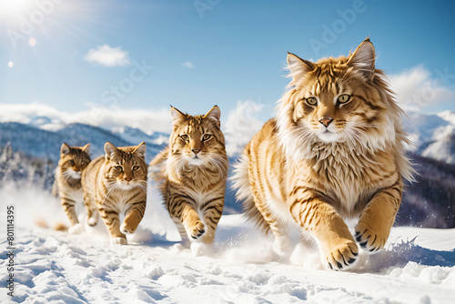 Several cats are racing each other against the backdrop of snow-capped mountains. © Prasert