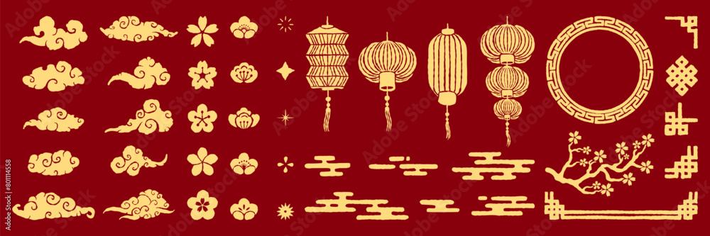 Set of Chinese new year hand drawn texture elements. Traditional decorative jewelry collection in Chinese and Japanese style for card, print, flyers, posters, merch, covers. Vector illustration. Set of Chinese new year hand drawn texture elements. Traditional decorative jewelry collection in Chinese and Japanese style for card, print, flyers, posters, merch, covers. Vector illustration.
