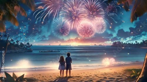 海岸から打ち上げ花火を見る子ども後姿,Generative AI  photo