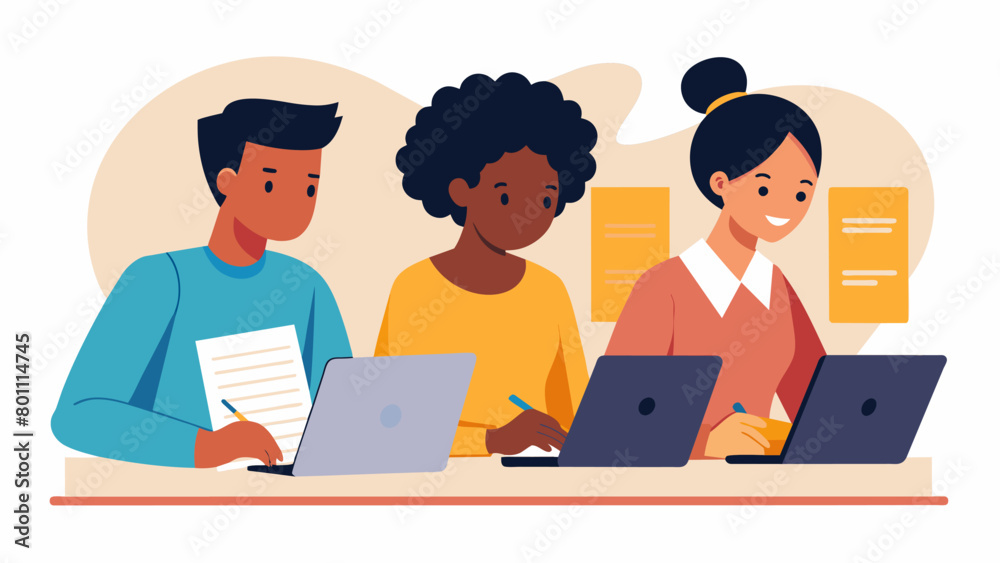 A group of volunteers sit together busy filling out scholarship applications for deserving African American students at the Juneteenth Scholarship. Vector illustration A group of volunteers sit together busy filling out scholarship applications for deserving African American students at the Juneteenth Scholarship. Vector illustration