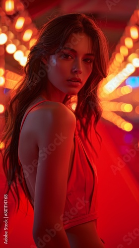 Mysterious Woman with Intense Gaze in Neon
