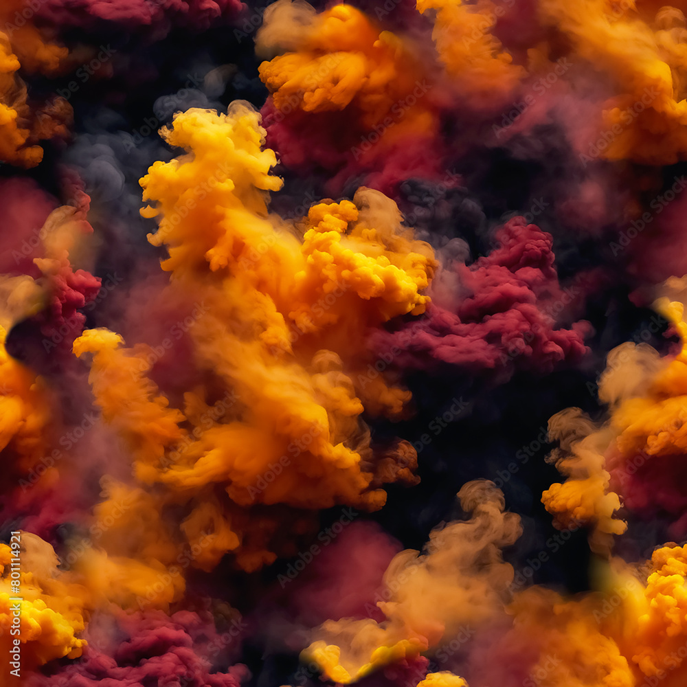 Seamless pattern with texture of yellow, orange, red smoke, fog, clouds