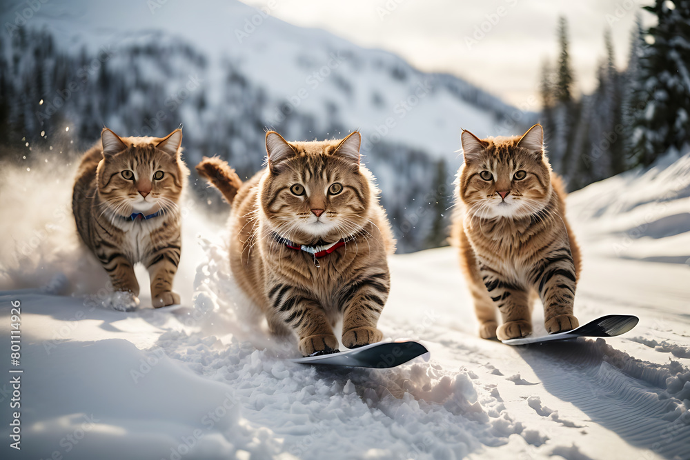 Several cats are racing each other against the backdrop of snow-capped mountains.