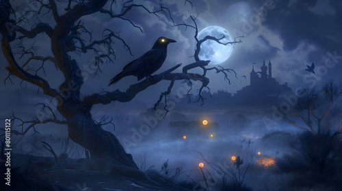 Supernatural Night: A Full Moon Mystery with Radiating Crow and Mysterious Glowing Orbs