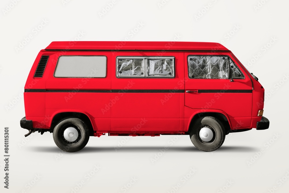Red retro van, classic car for camping