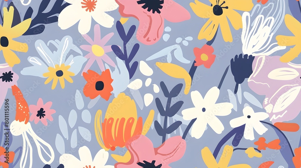 Vibrant Floral Pattern with Stylized Botanical Elements Showcasing Harmonious Color Palette and Whimsical Design