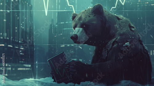 Artistic representation of a bear in a snowy urban setting, using a laptop to analyze stock market trends illuminated by city lights. Reflective Bear Analyzing Stock Market Trends in Snow