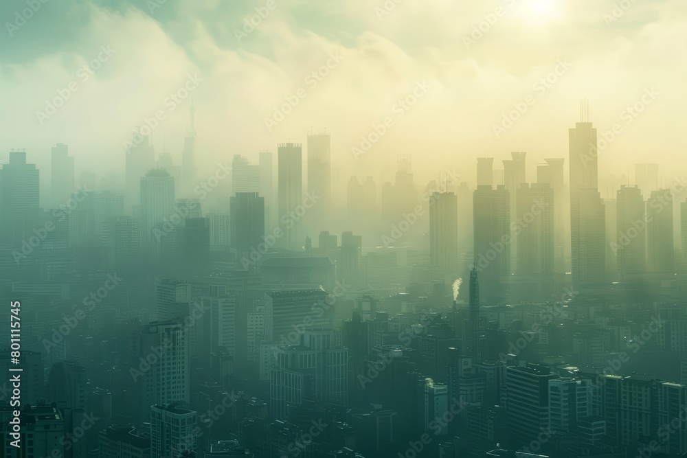 A sprawling cityscape under a hazy sky showcases the severe impacts of climate change, emphasizing a future driven by hitech concepts