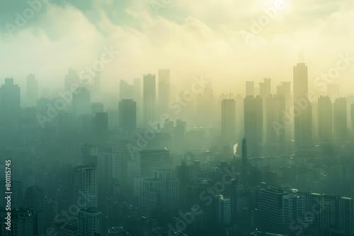 A sprawling cityscape under a hazy sky showcases the severe impacts of climate change  emphasizing a future driven by hitech concepts