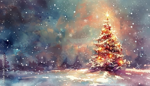 Christmas wraps the world in a blanket of joy, snowflakes falling softly as carols fill the air, bright water color