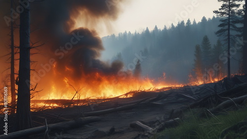 Burning forest in summer at the end of May photo