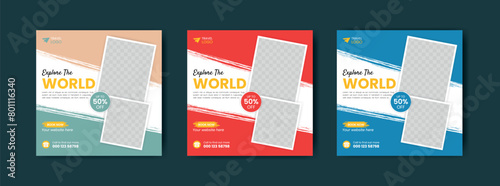 travel sale social media post template. travelling agency business offer promotion. Holiday and tour advertisement banner design	